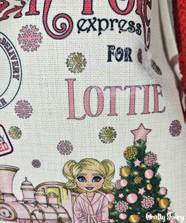 personalised girl in red jumper polar express christmas santa sack