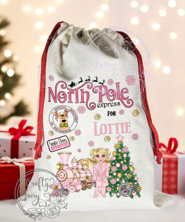 Personalised Girl in Pink Dressing Gown Polar Express Christmas Santa Sack