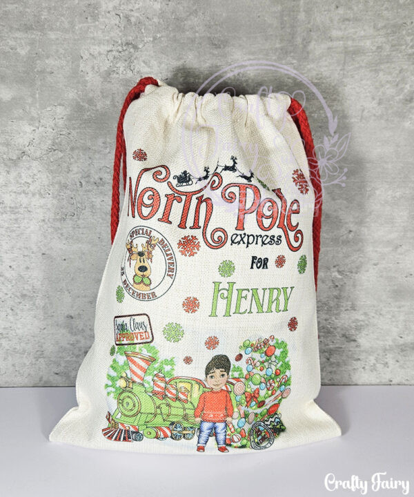 personalised boy in red jumper polar express christmas santa sack