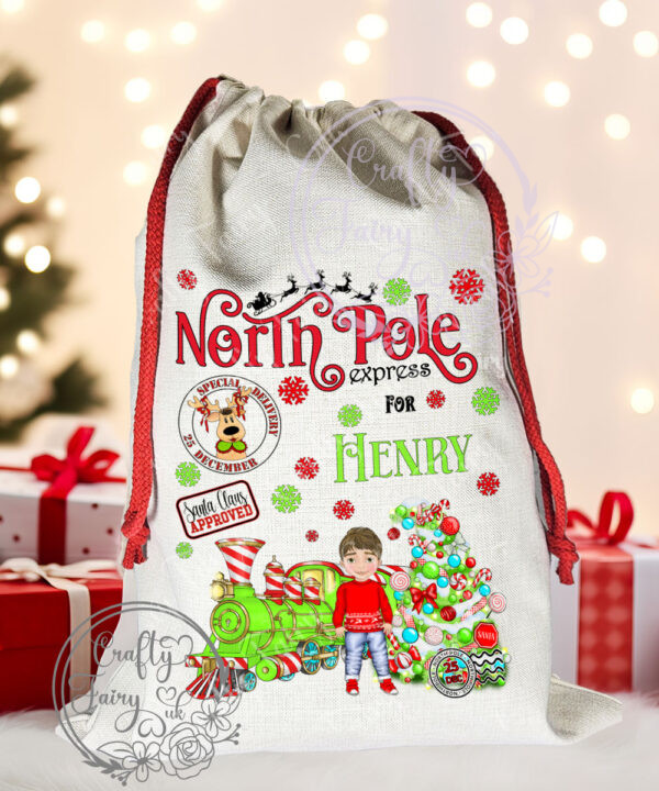Personalised Boy in Red Jumper Green Polar Express Christmas Santa Sack