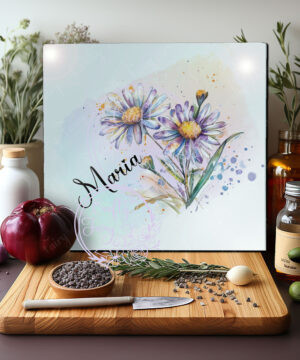 Personalised Purple Aster Flowers Glass Chopping Board - Medium 28x30cm