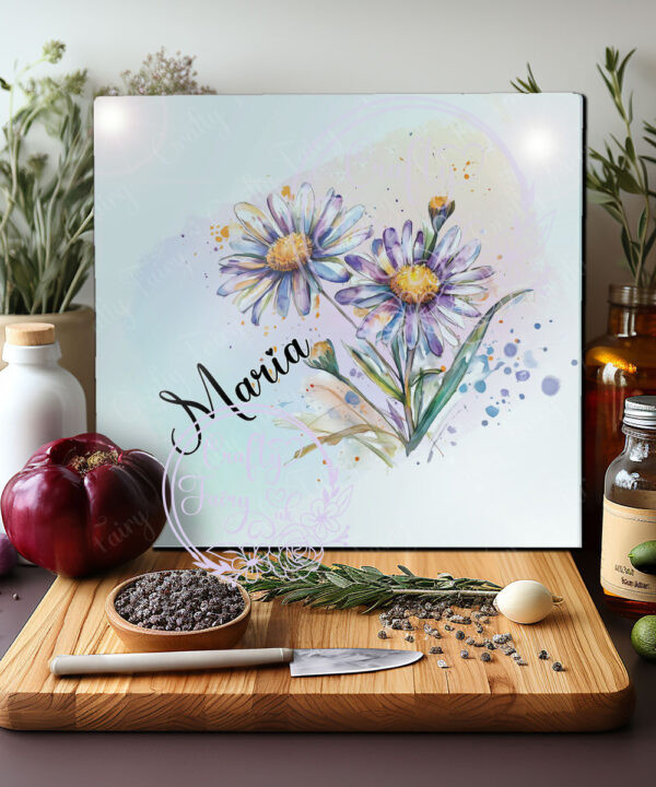 Personalised Purple Aster Flowers Glass Chopping Board - Medium 28x30cm