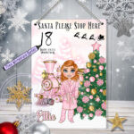 Personalised Pink Polar Express Train & Young Girl Christmas Santa Stop Here Metal Sign