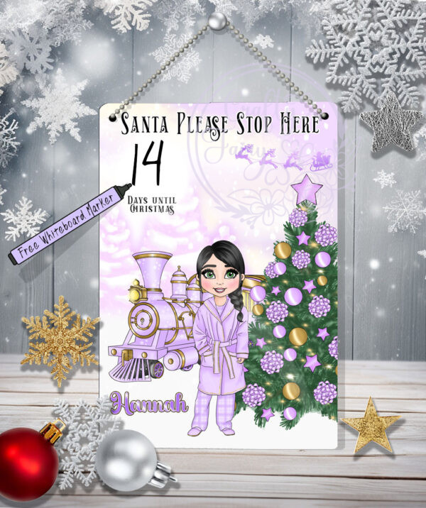 Personalised Lilac Polar Express Train & Young Girl Christmas Santa Stop Here Metal Sign