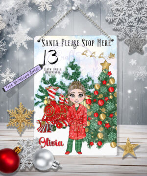 Personalised Red Polar Express Train & Young Girl Christmas Santa Stop Here Metal Sign