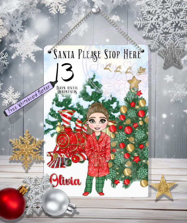 Personalised Red Polar Express Train & Young Girl Christmas Santa Stop Here Metal Sign