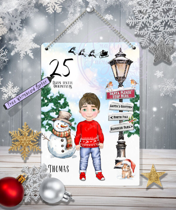 Personalised Boy with Snowman Christmas Santa Stop Here Metal Sign