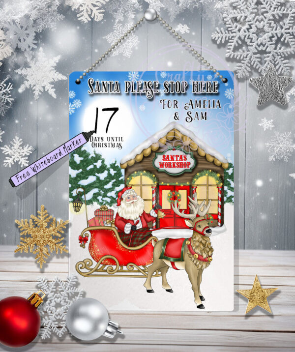 Personalised Santa Stop Here Sleigh & Reindeer Christmas Metal Countdown Sign