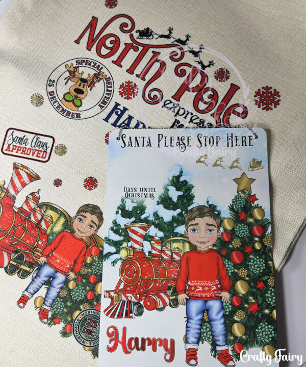 personalised red polar express train & boy in jumper christmas santa stop here metal sign
