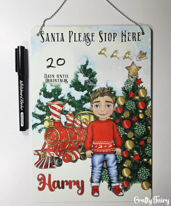 personalised red polar express train & boy in jumper christmas santa stop here metal sign