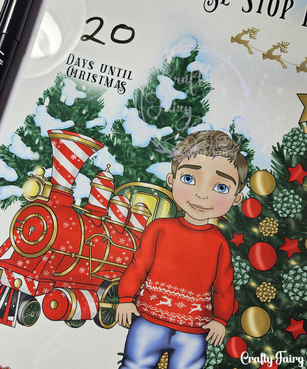 personalised red polar express train & boy in jumper christmas santa stop here metal sign