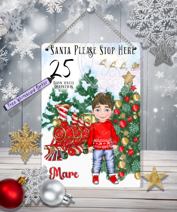 Personalised Red Polar Express Train & Boy in Jumper Christmas Santa Stop Here Metal Sign
