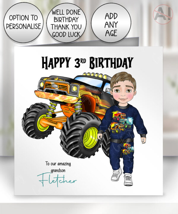 personalised monster truck birthday card for grandson son