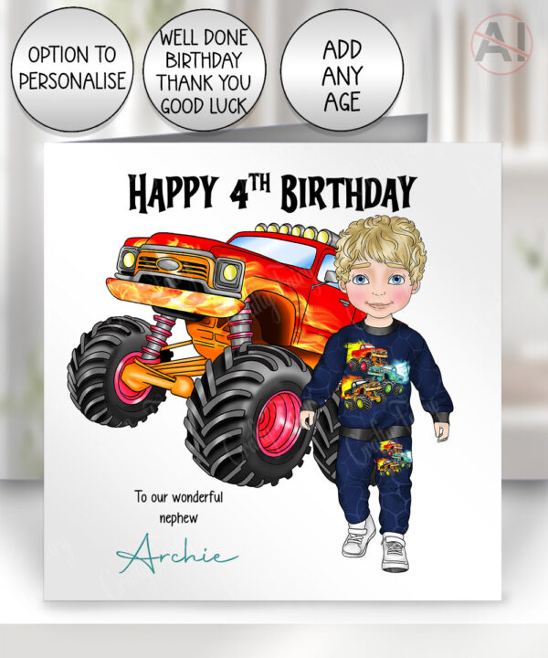 personalised monster truck birthday card for grandson son