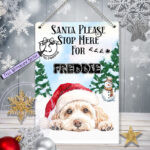 personalised many dog breed options christmas santa stop here countdown metal sign