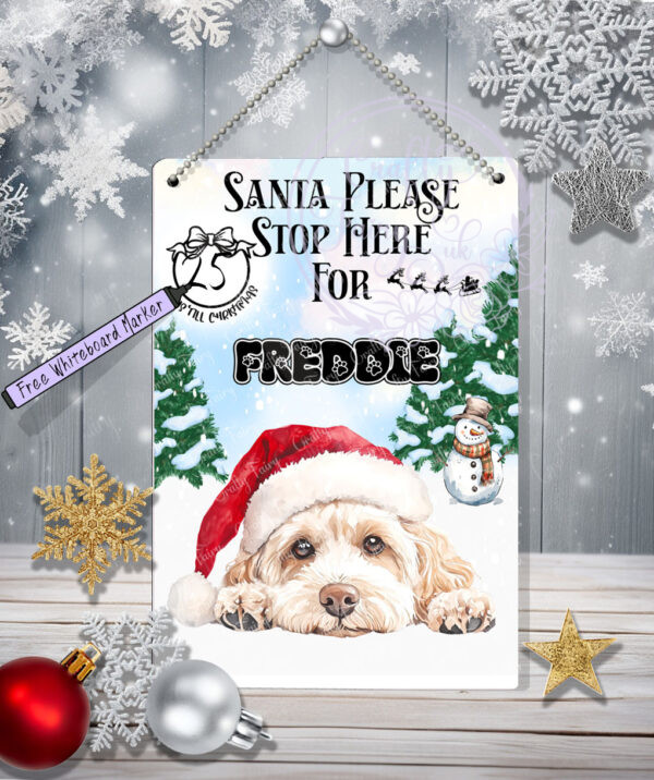 personalised many dog breed options christmas santa stop here countdown metal sign