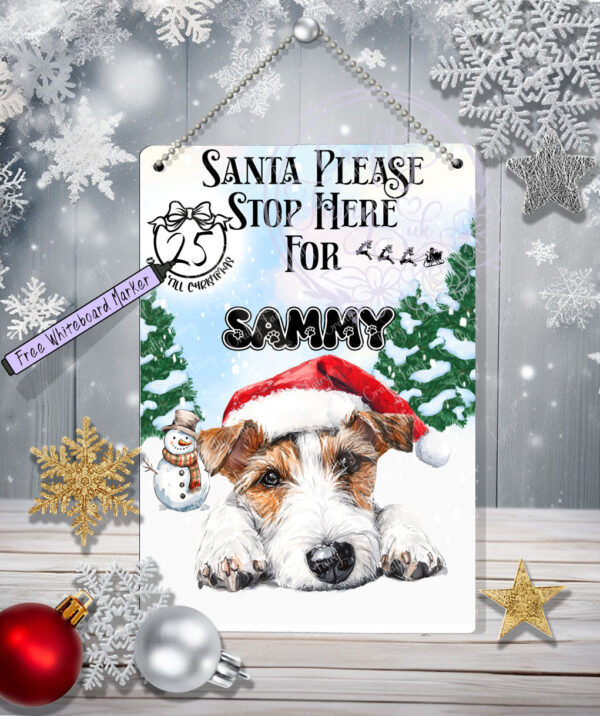 personalised many dog breed options christmas santa stop here countdown metal sign