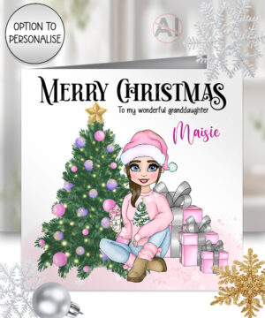 personalised girl in pink christmas card for daughter granddaughter