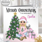 personalised girl in pink christmas card for daughter granddaughter