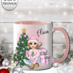 personalised girl in pink christmas mug gift for daughter granddaughter