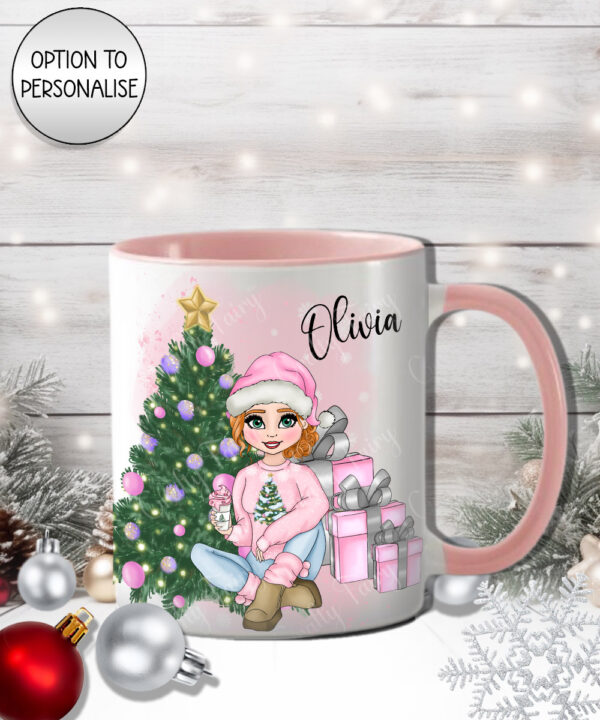personalised girl in pink christmas mug gift for daughter granddaughter