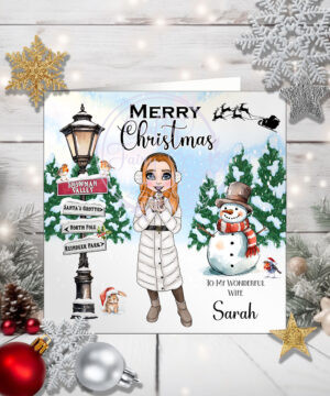 personalised lady with snowman hot chocolate christmas card