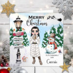 personalised lady with snowman hot chocolate christmas card