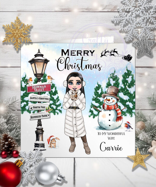 personalised lady with snowman hot chocolate christmas card