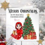 personalised young girl in oddie christmas card for granddaughter daughter