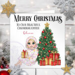 personalised young girl in oddie christmas card for granddaughter daughter