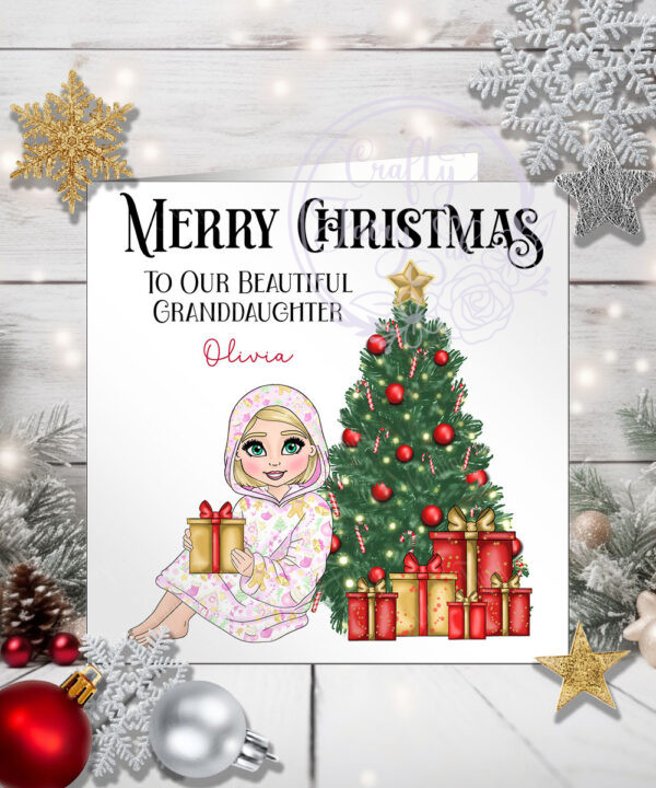 personalised young girl in oddie christmas card for granddaughter daughter