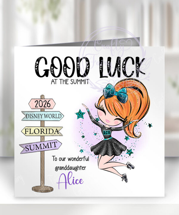 personalised aca teal whimsical cheerleader girl summit/worlds/prep & rec 2025 good luck card
