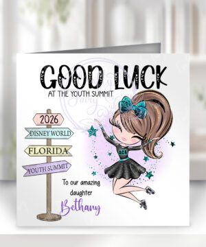 personalised aca teal whimsical cheerleader girl summit/worlds/prep & rec 2025 good luck card