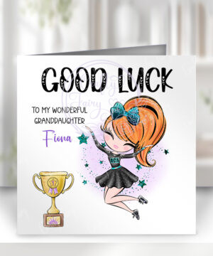 personalised aca teal whimsical cheerleader girl good luck card