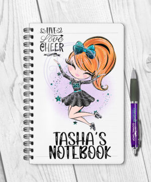 personalised aca teal whimsical cheerleader girl a5 notebook gift