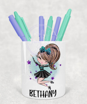 personalised aca teal whimsical cheerleader girl pen or brush pot