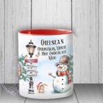 personalised chelsea tracksuit girl with snowman hot chocolate christmas mug gift
