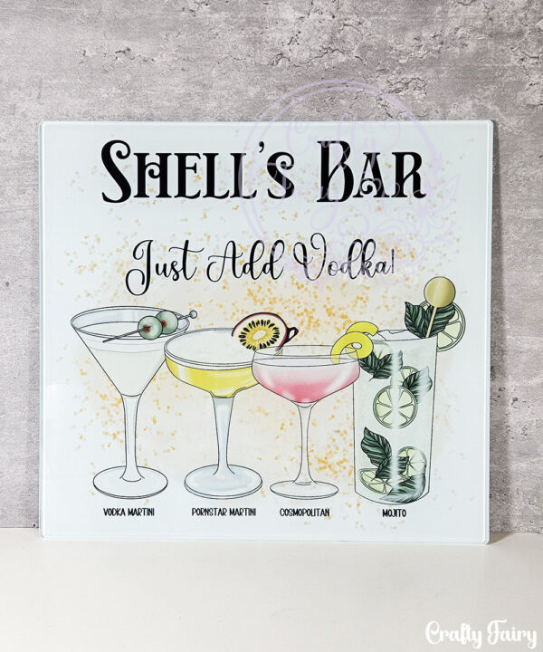 personalised vodka cocktails glass chopping board or worktop protector medium 28x30cm