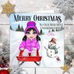 personalised young girl on sledge in snow christmas card for granddaughter daughter