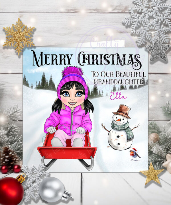 personalised young girl on sledge in snow christmas card for granddaughter daughter