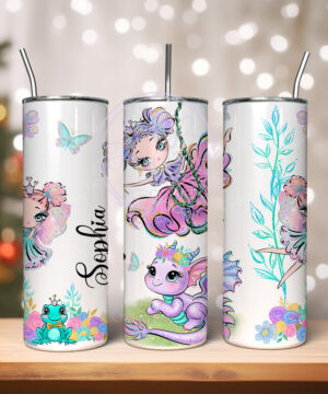 personalised whimsical fairies and dragon tumbler