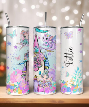 personalised whimsical fairies, tower and dragon tumbler