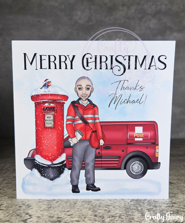 personalised postman in red thank you christmas card