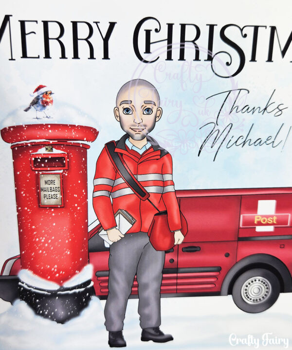 personalised postman in red thank you christmas card