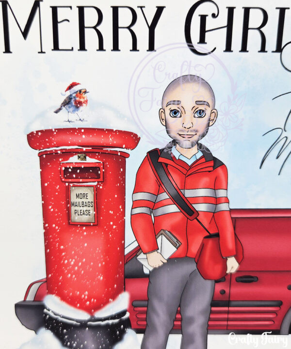 personalised postman in red thank you christmas card