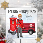 personalised postman in red thank you christmas card