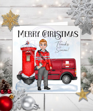 personalised postman in red thank you christmas card