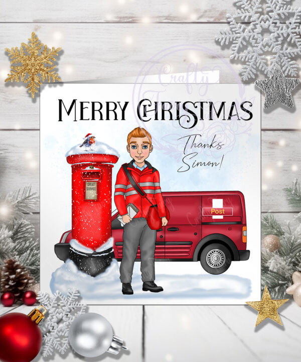personalised postman in red thank you christmas card