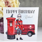 personalised postman in red happy birthday card