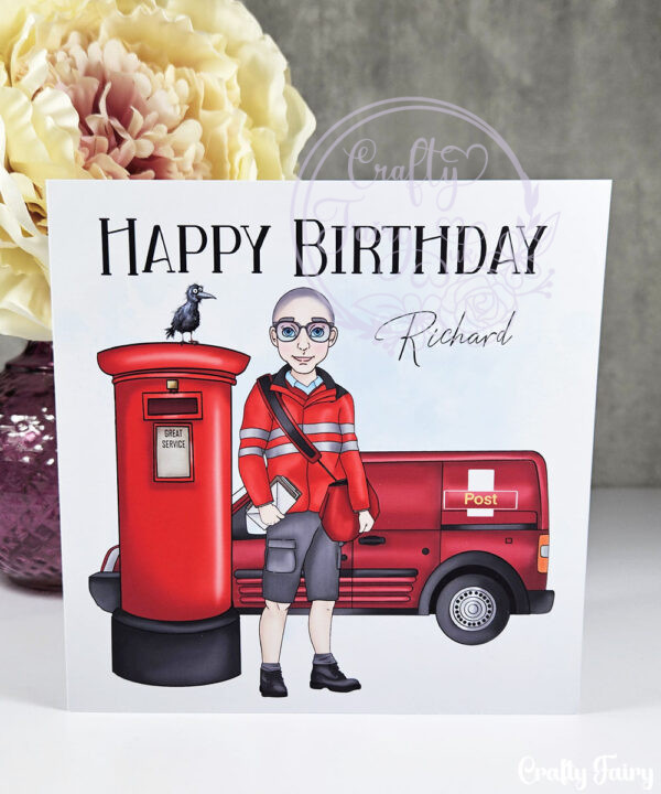 personalised postman in red happy birthday card